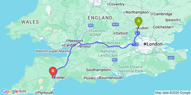 Map: London Luton Airport (LTN) to Exeter