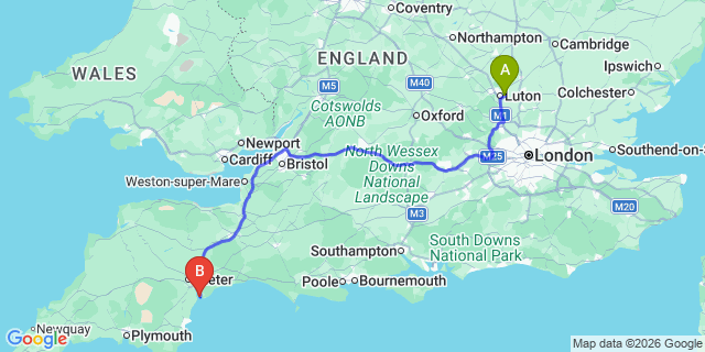 Map: London Luton Airport (LTN) to Exmouth