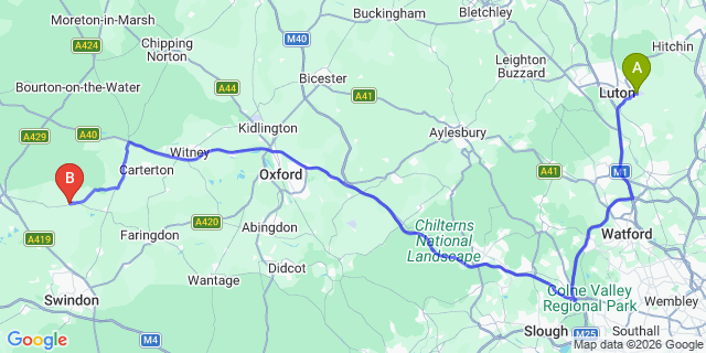 Map: London Luton Airport (LTN) to Fairford