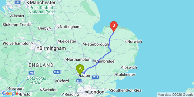 Map: London Luton Airport (LTN) to Fakenham