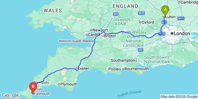 Map: London Luton Airport (LTN) to Falmouth