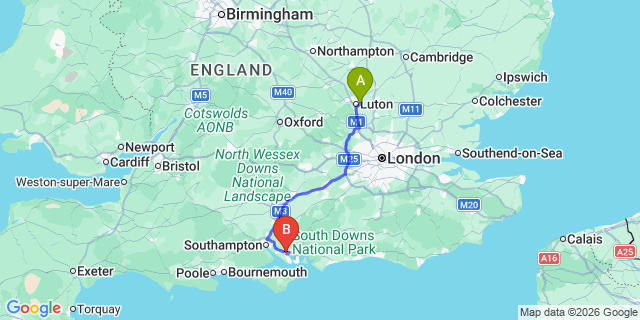 Map: London Luton Airport (LTN) to Fareham