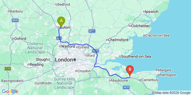 Map: London Luton Airport (LTN) to Faversham