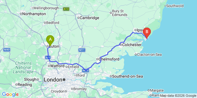 Map: London Luton Airport (LTN) to Felixtowe