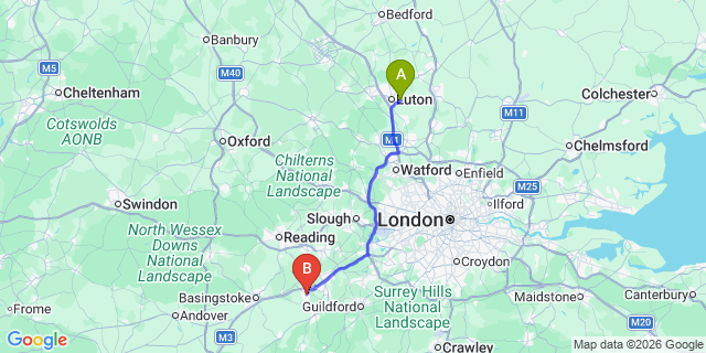 Map: London Luton Airport (LTN) to Fleet