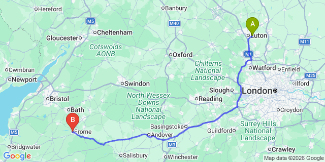 Map: London Luton Airport (LTN) to Frome