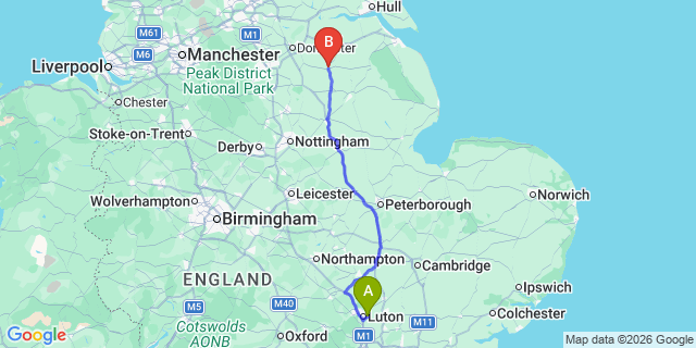 Map: London Luton Airport (LTN) to Gainsborough