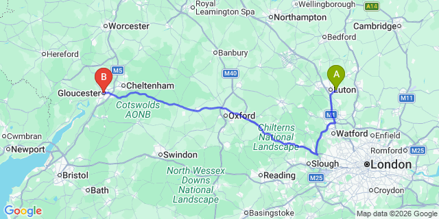 Map: London Luton Airport (LTN) to Gloucester