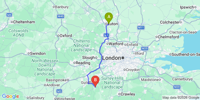 Map: London Luton Airport (LTN) to Godalming