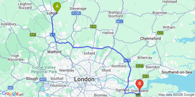 Map: London Luton Airport (LTN) to Gravesend