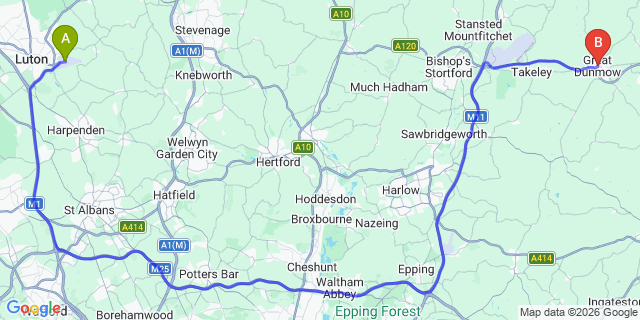 Map: London Luton Airport (LTN) to Great Dunmow