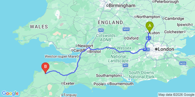 Map: London Luton Airport (LTN) to Great Torrington