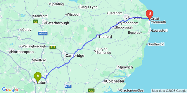 Map: London Luton Airport (LTN) to Great Yarmouth