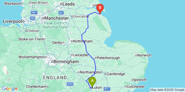 Map: London Luton Airport (LTN) to Grimsby