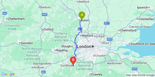 Map: London Luton Airport (LTN) to Guildford
