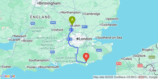 Map: London Luton Airport (LTN) to Hailsham