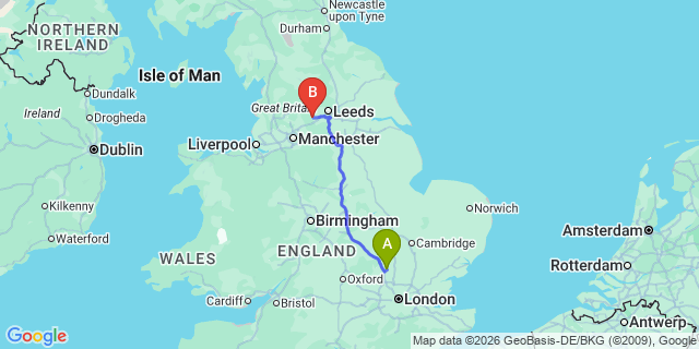 Map: London Luton Airport (LTN) to Halifax