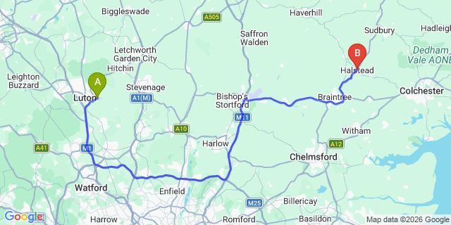 Map: London Luton Airport (LTN) to Halstead