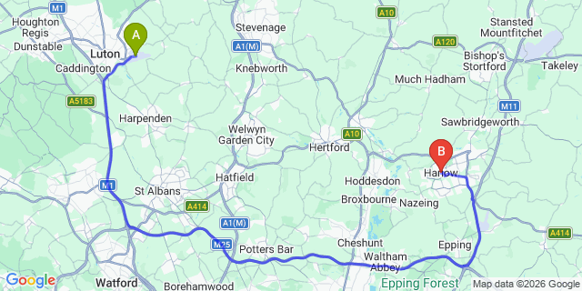 Map: London Luton Airport (LTN) to Harlow