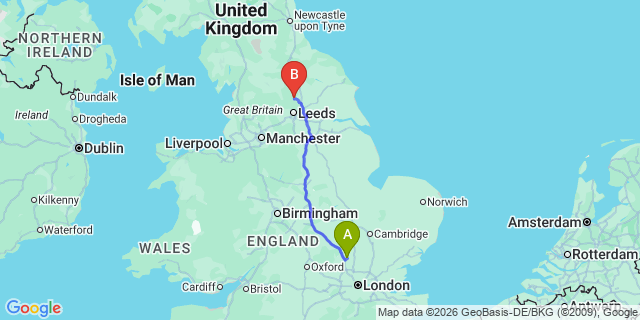 Map: London Luton Airport (LTN) to Harrogate