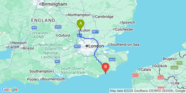 Map: London Luton Airport (LTN) to Hastings