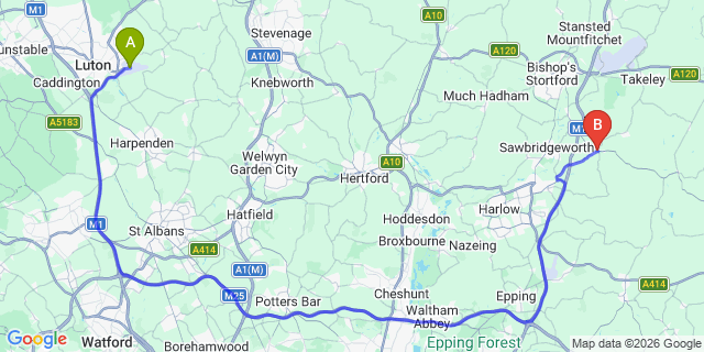 Map: London Luton Airport (LTN) to Hatfield Heath