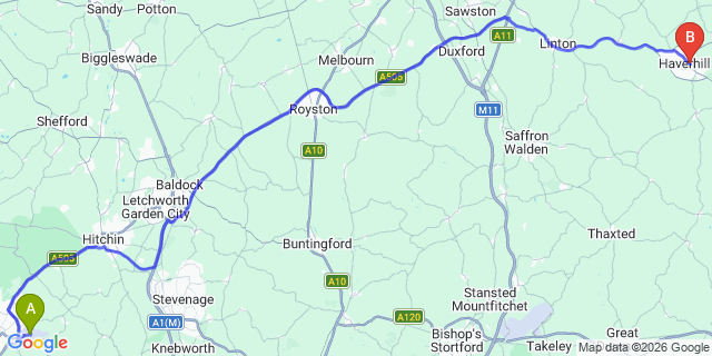 Map: London Luton Airport (LTN) to Haverhill