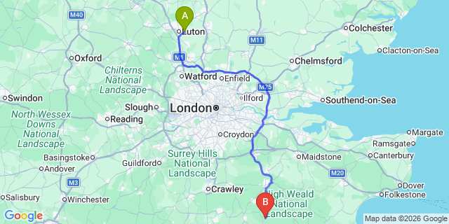 Map: London Luton Airport (LTN) to Heathfield