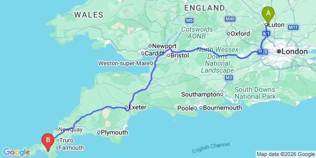 Map: London Luton Airport (LTN) to Helston