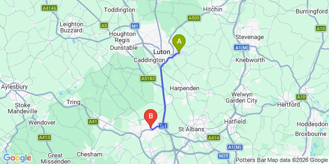 Map: London Luton Airport (LTN) to Hemel Hempstead