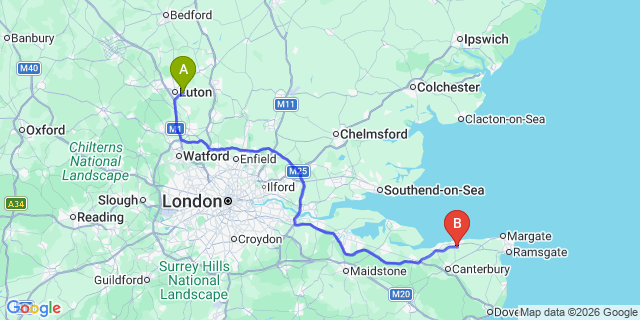 Map: London Luton Airport (LTN) to Herne