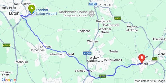 Map: London Luton Airport (LTN) to Hertford