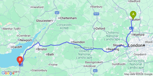 Map: London Luton Airport (LTN) to Highbridge