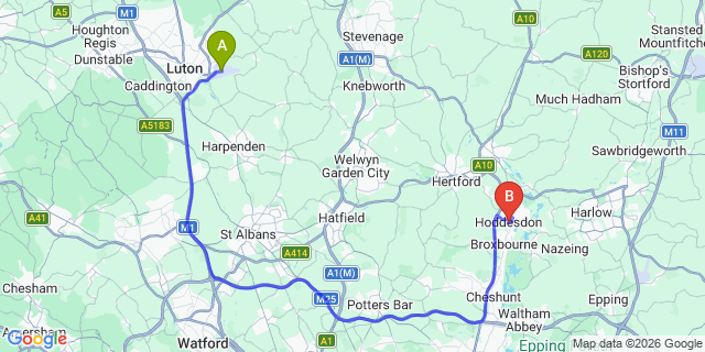 Map: London Luton Airport (LTN) to Hoddesdon