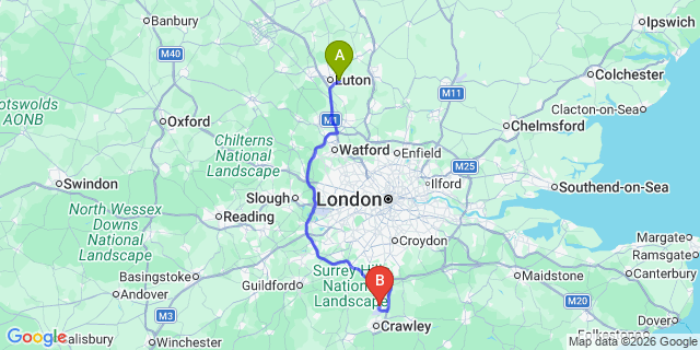 Map: London Luton Airport (LTN) to Horley