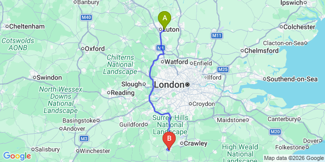 Map: London Luton Airport (LTN) to Horsham