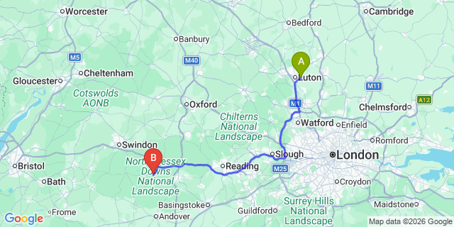 Map: London Luton Airport (LTN) to Hungerford