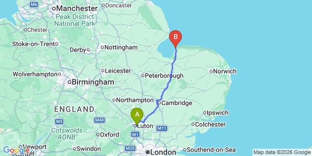 Map: London Luton Airport (LTN) to Hunstanton