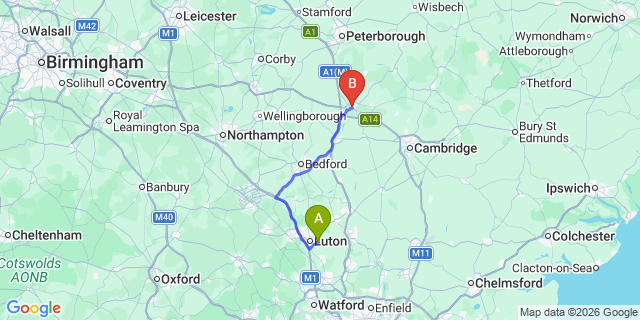 Map: London Luton Airport (LTN) to Huntingdon