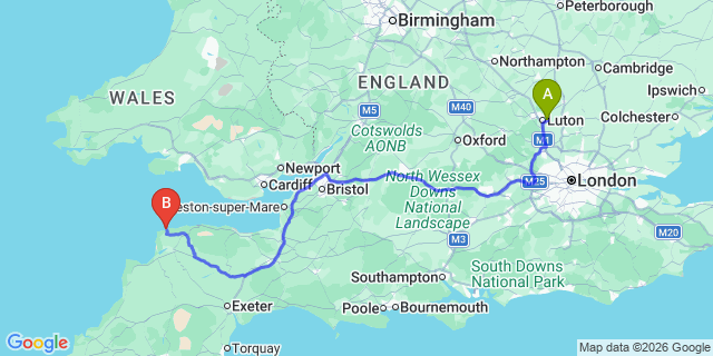 Map: London Luton Airport (LTN) to Ilfracombe