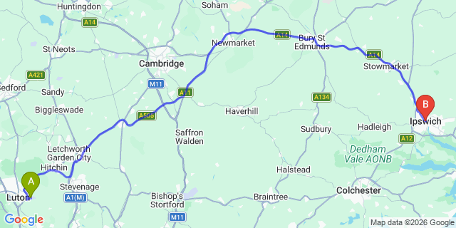 Map: London Luton Airport (LTN) to Ipswich