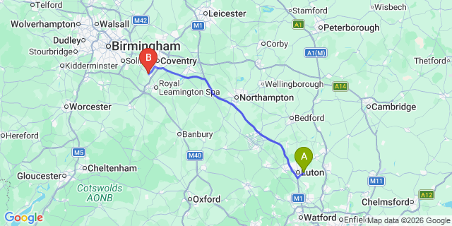 Map: London Luton Airport (LTN) to Kenilworth