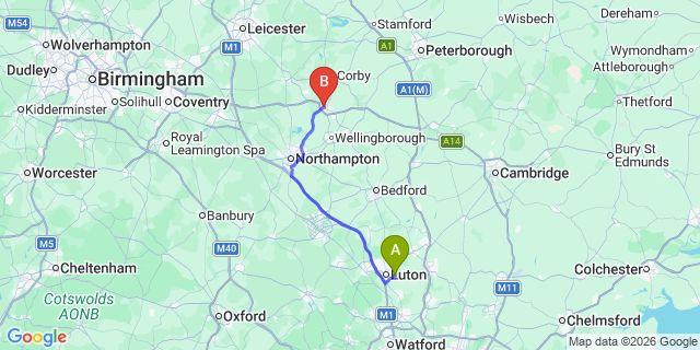 Map: London Luton Airport (LTN) to Kettering