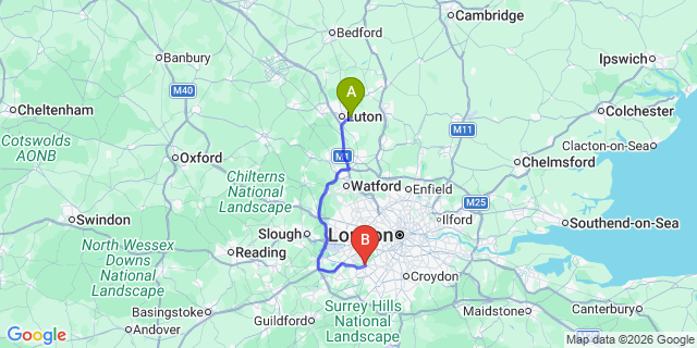 Map: London Luton Airport (LTN) to Kingston Upon Thames