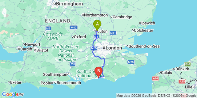 Map: London Luton Airport (LTN) to Lancing