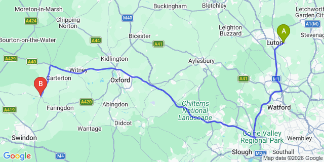 Map: London Luton Airport (LTN) to Lechlade