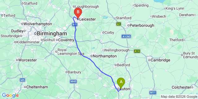 Map: London Luton Airport (LTN) to Leicester