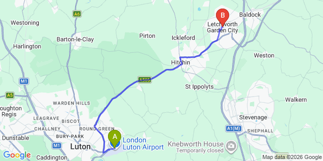 Map: London Luton Airport (LTN) to Letchworth