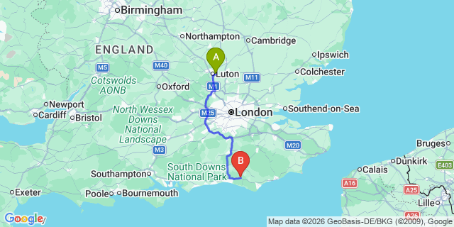Map: London Luton Airport (LTN) to Lewes