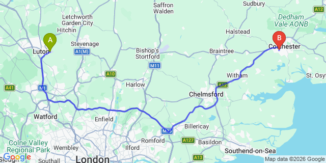 Map: London Luton Airport (LTN) to Lexden